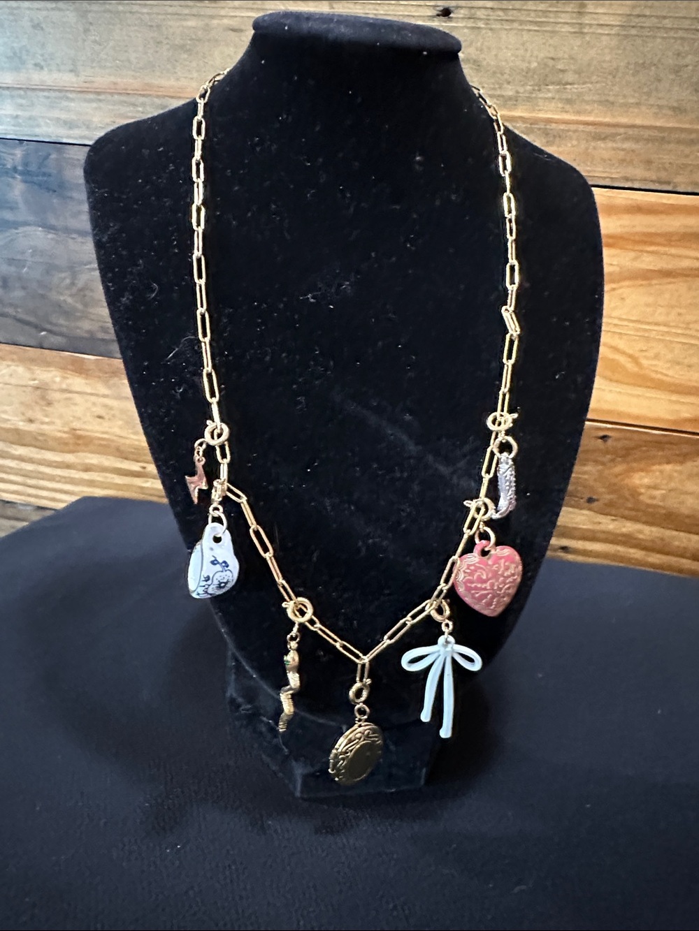 Plunder Gold-Tone Charm Necklace with Pink Heart and White Bow
